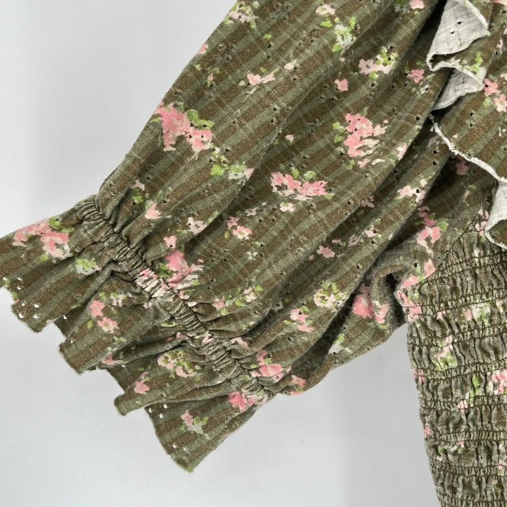 Free People Olive Floral Smocked Eyelet Ruffle Crop Top Boho Prairie Women Large